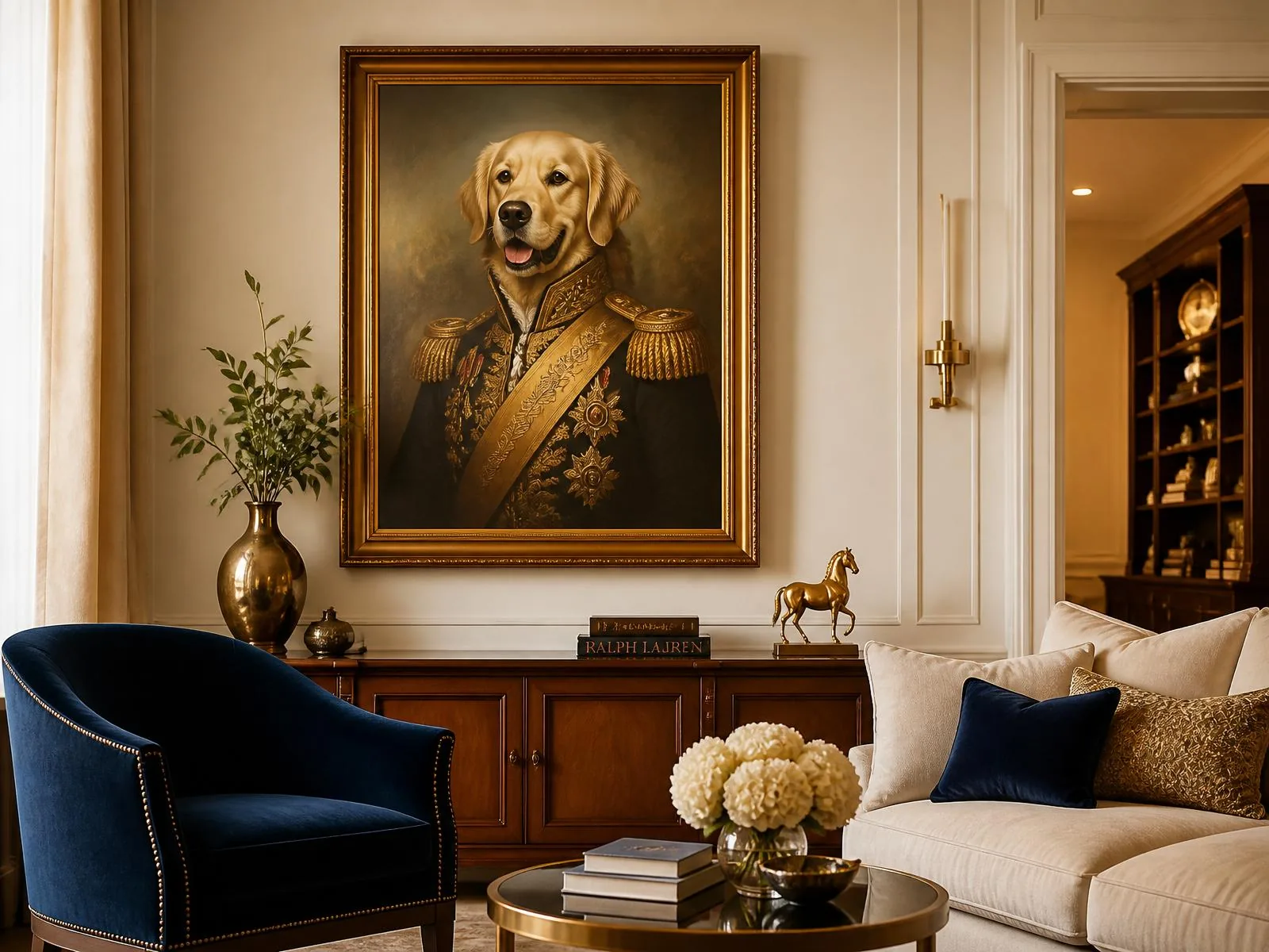 Framed royal pet portrait in a warm living room